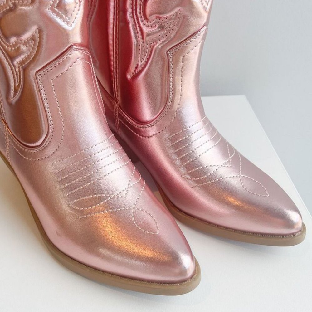 NEW๐ฅ Metallic Pink Embroidered Cowboy Cowgirl Western Mid-Calf Boots Block Heel - Picture 6 of 6